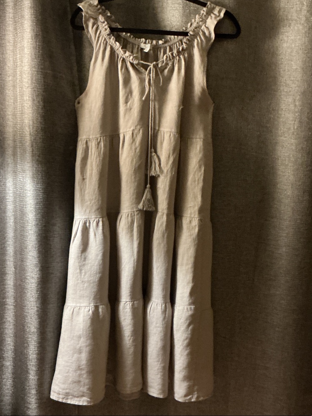 Sleeveless Cream Tiered Midi Dress with Tassel Tie Detail